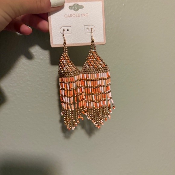 Bohemian Pink and Gold Beaded Earrings - Picture 2 of 2